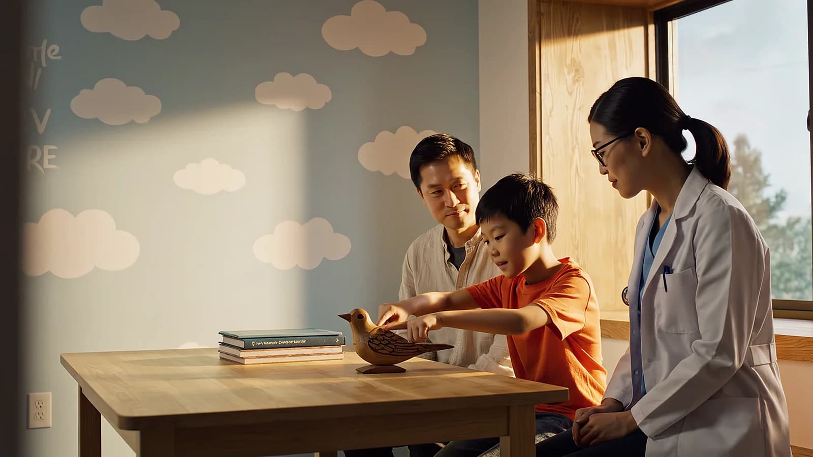 A fictional clinician stays present with a child and parent.